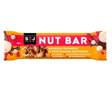 Батончик SOJ ореховый Nut Bar миндаль-карамель с ирисо-сливочным вкусом с хрустяшими шариками 40 г