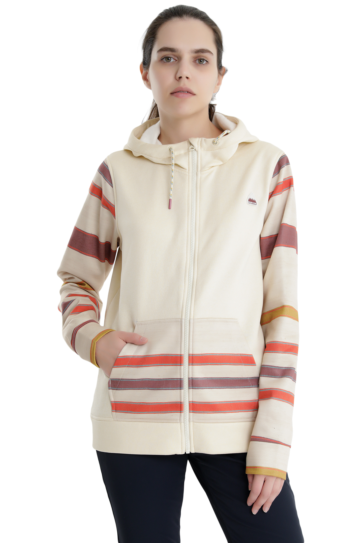 BURTON Oak Full Zip Fleece Creme Brulee Heather Creme Brulee Woven Stripe